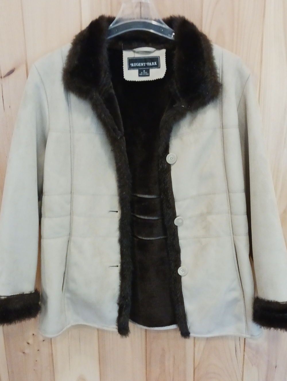 Regent Park Women's Cream Faux Suede Coat with Brown Faux Fur Trim